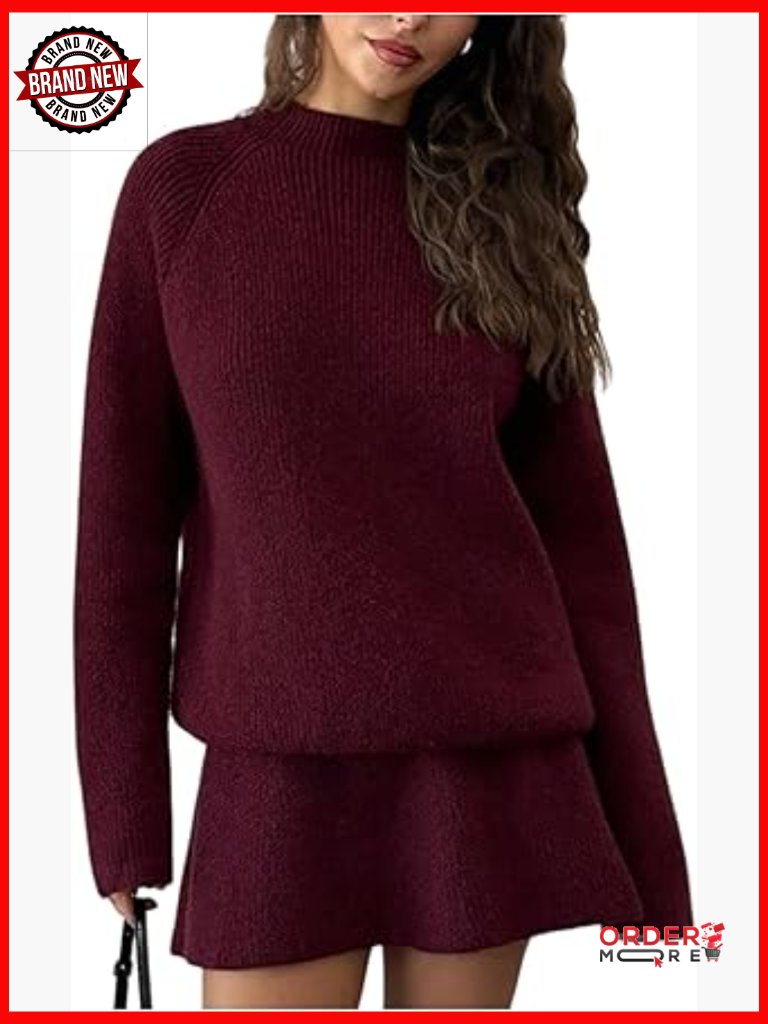 Rib Knit Sweater Set With Flared Mini Skirt, Loose Fit, Medium